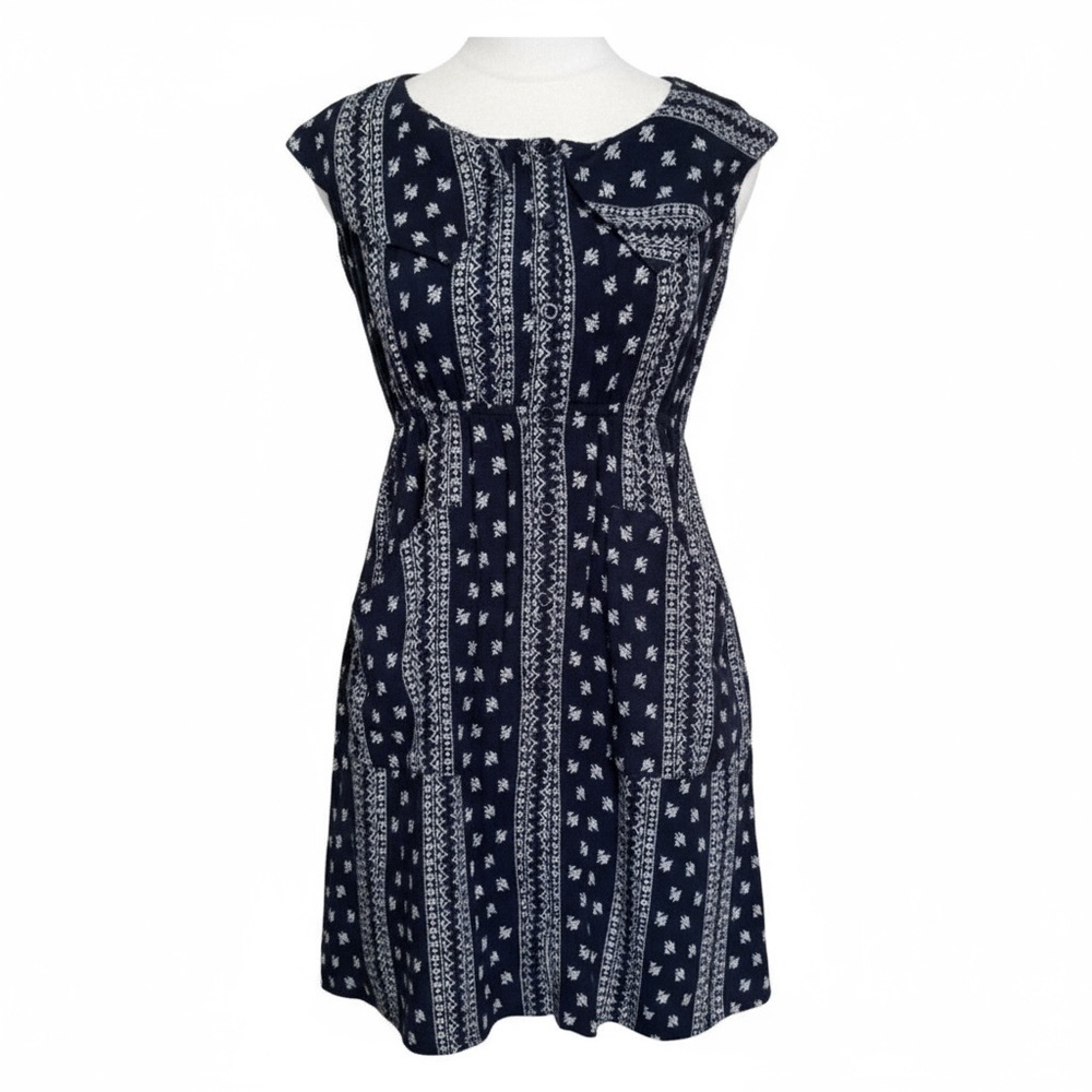Paper Crane Cap Sleeves California Summer Collar Button Front Navy White Dress